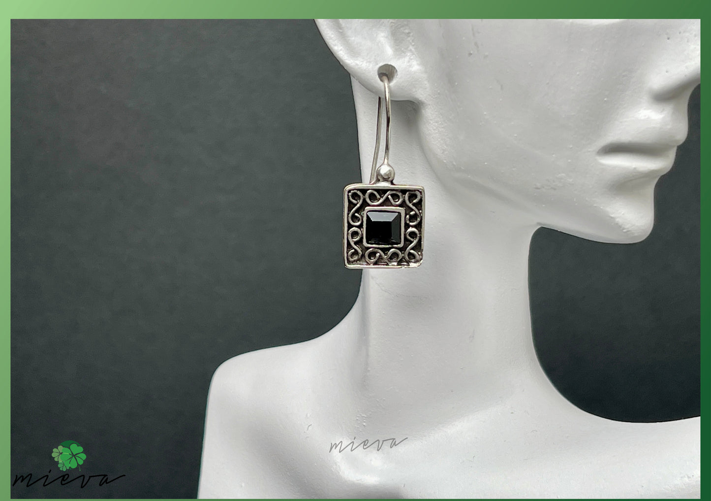 Vintage Square Filigree Earrings - Jet Black