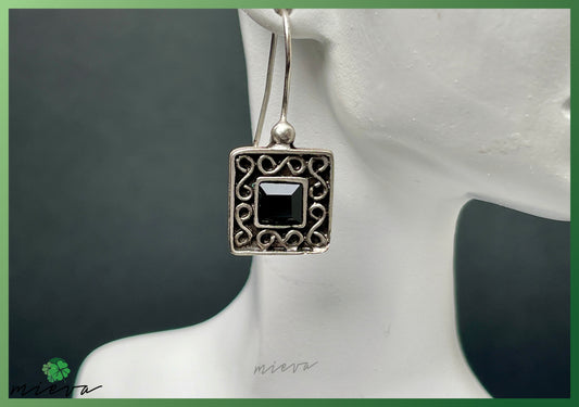 Vintage Square Filigree Earrings - Jet Black