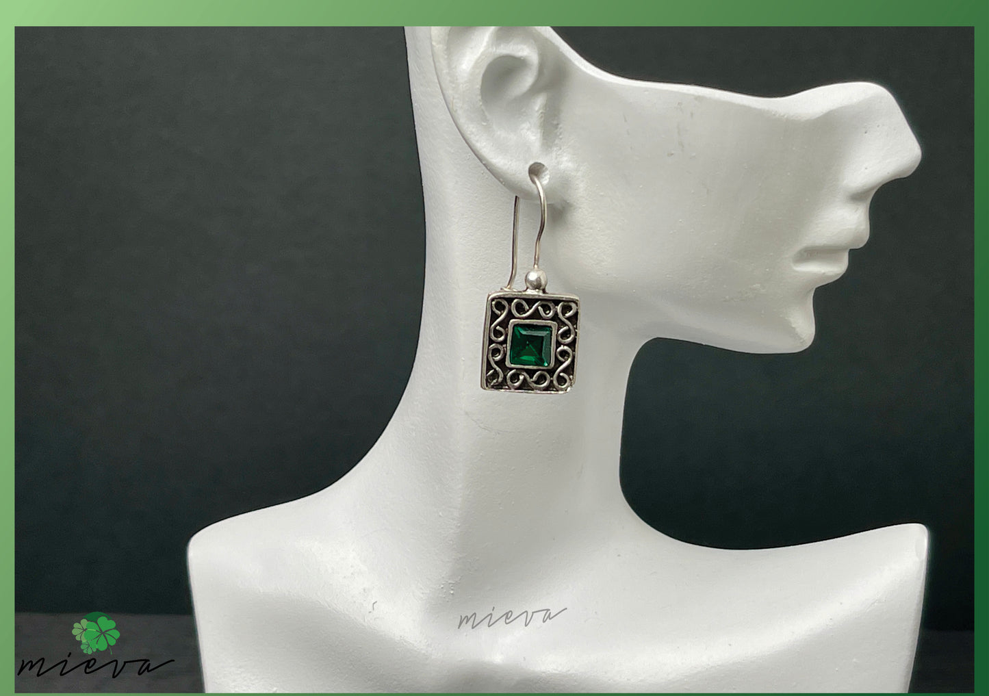 Vintage Square Filigree Earrings - Emerald Green