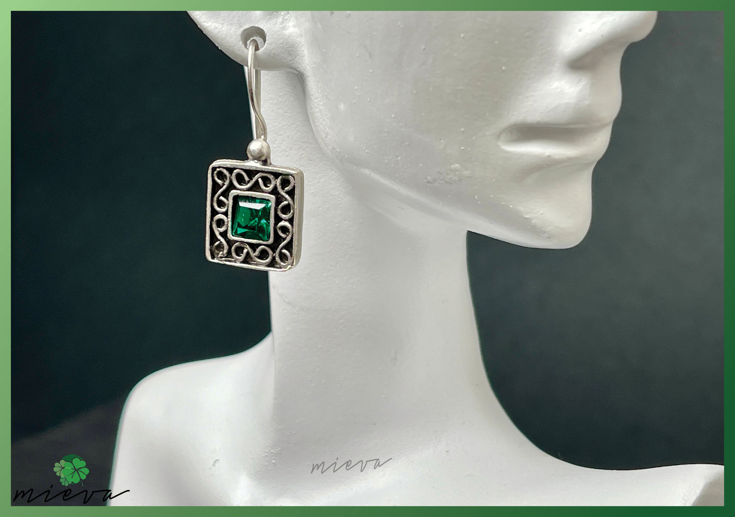 Vintage Square Filigree Earrings - Emerald Green