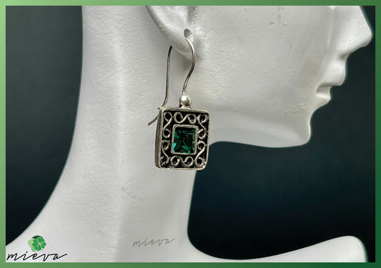 Vintage Square Filigree Earrings - Emerald Green