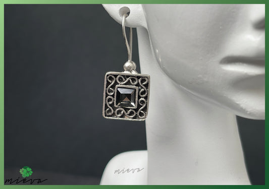 Vintage Square Filigree Earrings - Smoky Quartz