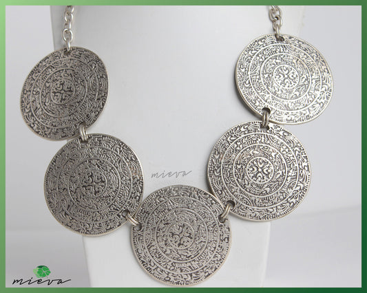 Antique Coin-Inspired Silver-Toned Layered Necklace