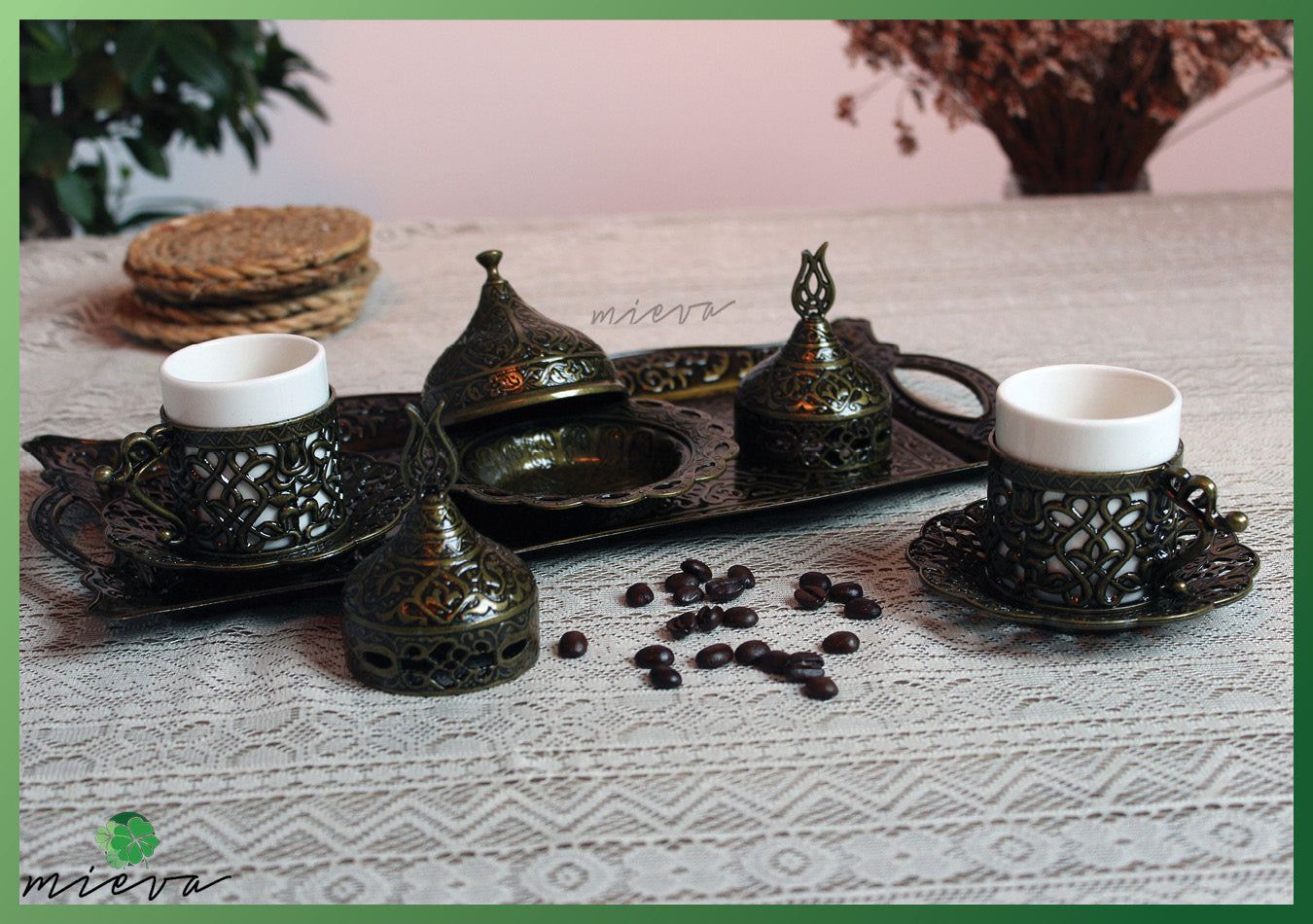 Elegant Vintage-Style Coffee Set with Intricate Metalwork - Gold