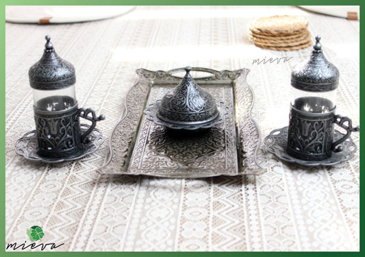 Traditional Ornamental Tea Set with Lavish Metal Artwork - Silver