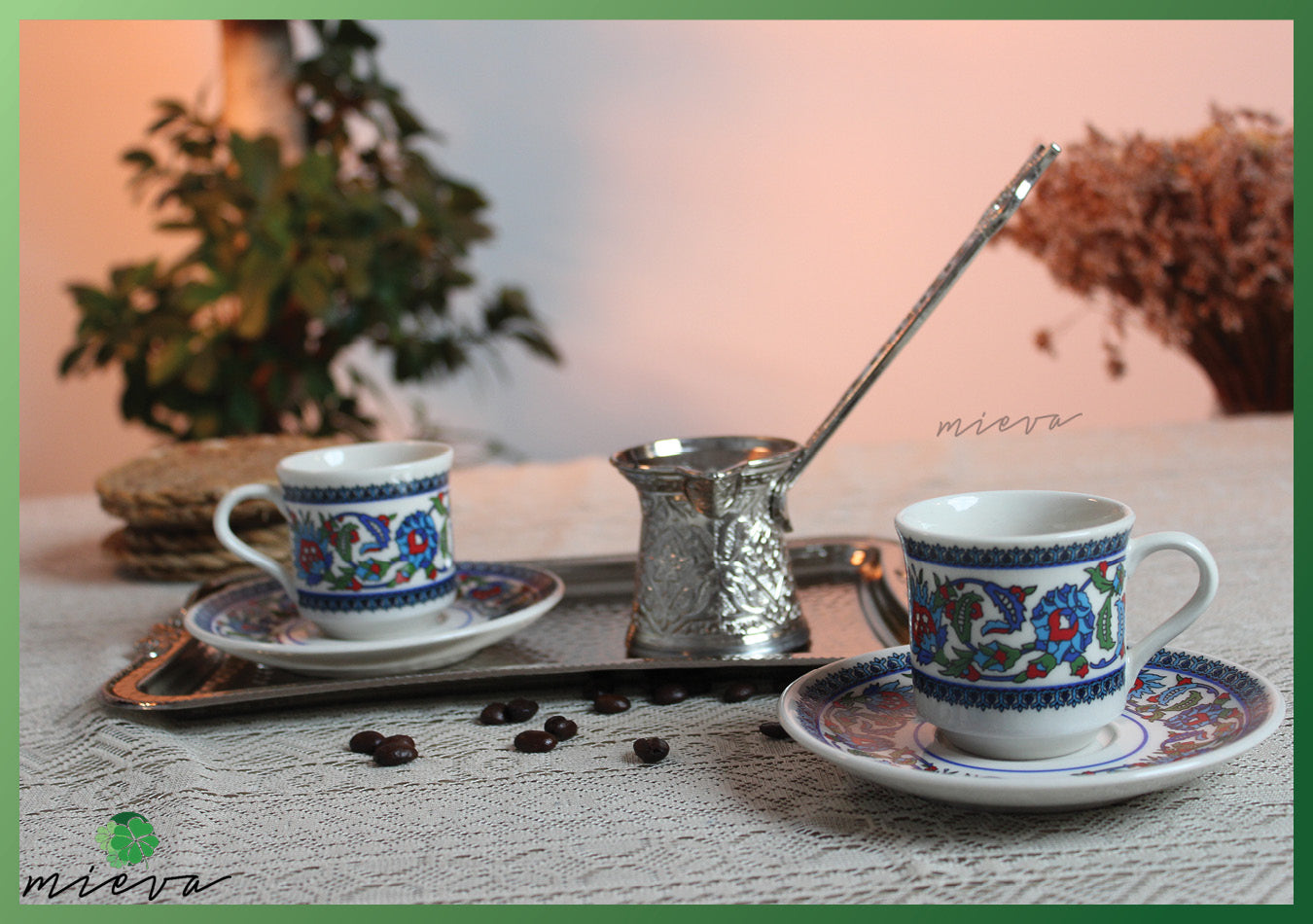 Vintage Turkish Coffee Cup Set with Delight Pot and Tray