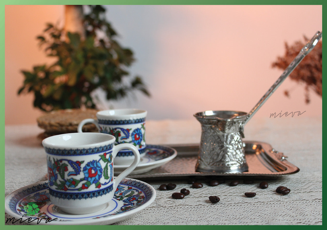 Vintage Turkish Coffee Cup Set with Delight Pot and Tray