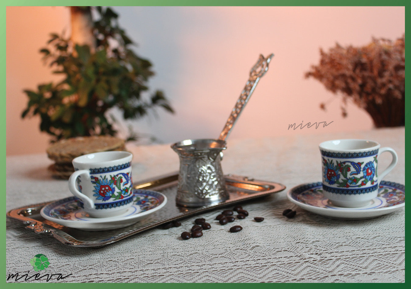 Vintage Turkish Coffee Cup Set with Delight Pot and Tray