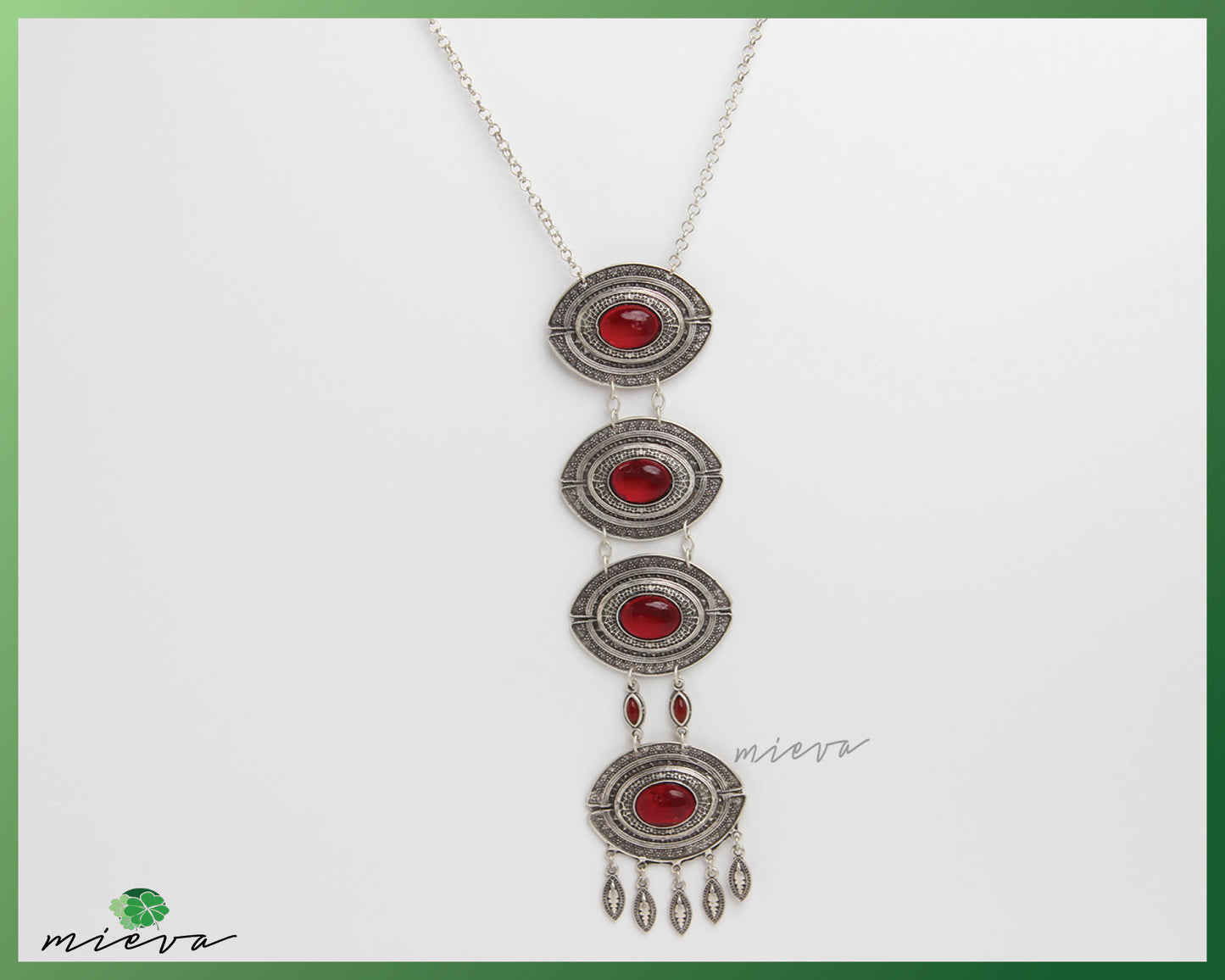 Bohemian Elegance Red Stone Silver-Toned Pendant Necklace