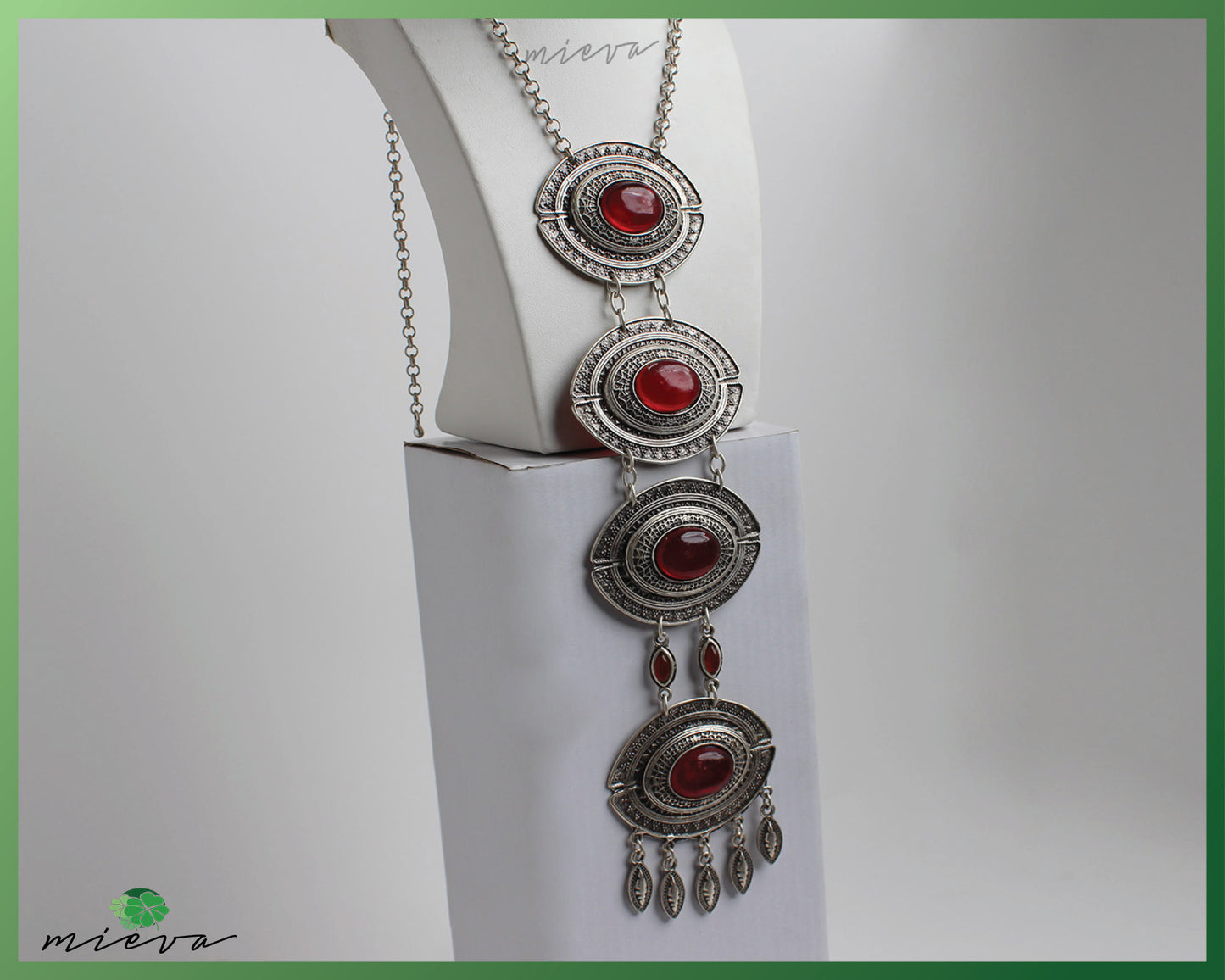 Bohemian Elegance Red Stone Silver-Toned Pendant Necklace