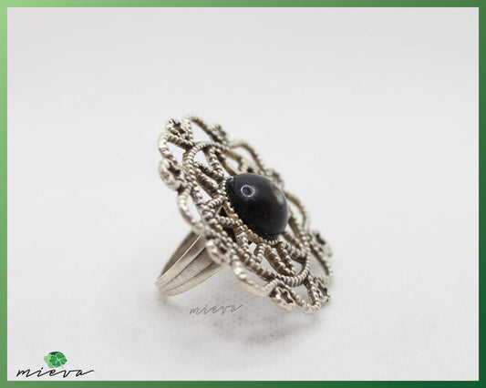 Vintage Ornate Silver Ring with Black Stone Centerpiece