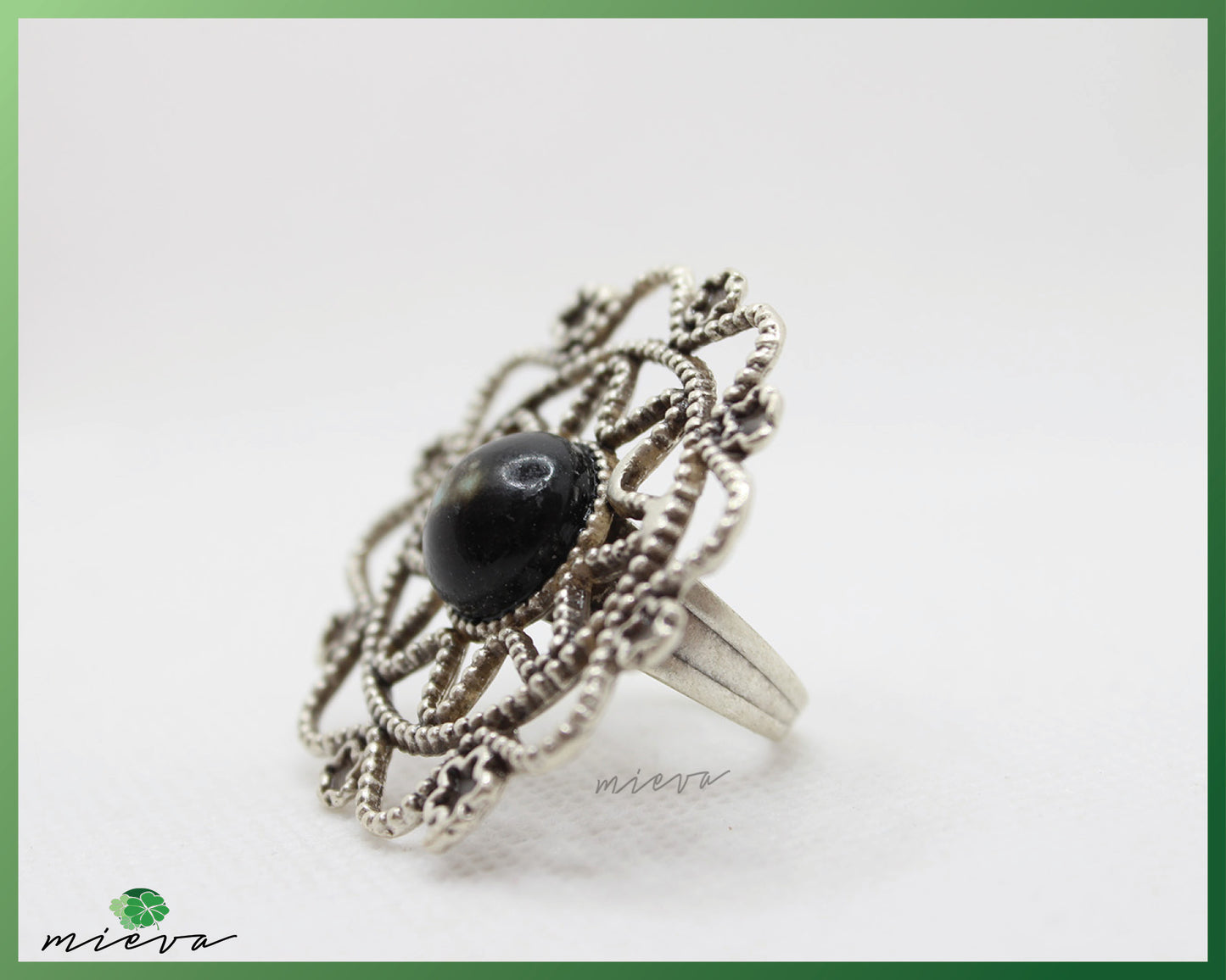 Vintage Ornate Silver Ring with Black Stone Centerpiece