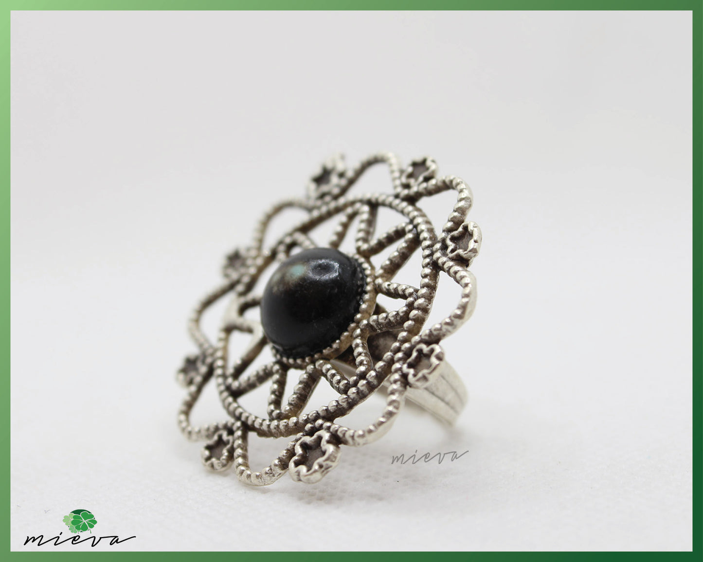 Vintage Ornate Silver Ring with Black Stone Centerpiece