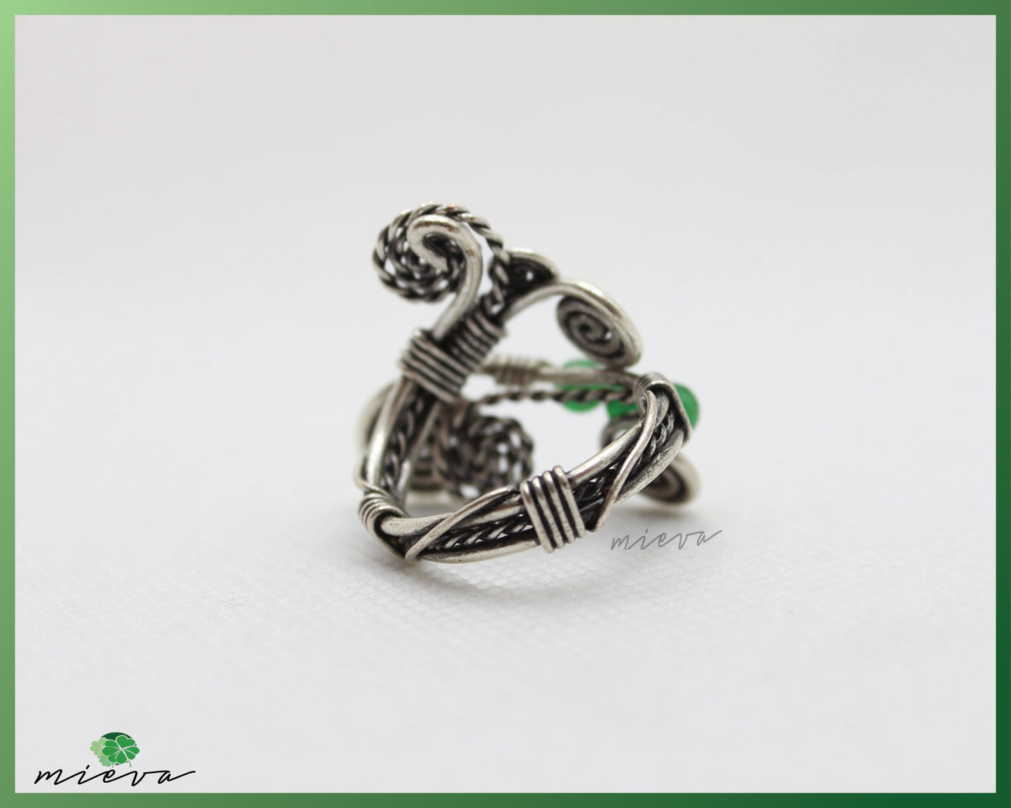 Artisanal Wire-Wrapped Spiral Ring with Green Jasper Beads