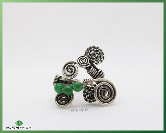 Artisanal Wire-Wrapped Spiral Ring with Green Jasper Beads