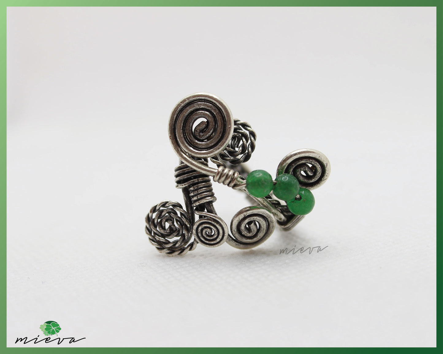 Artisanal Wire-Wrapped Spiral Ring with Green Jasper Beads