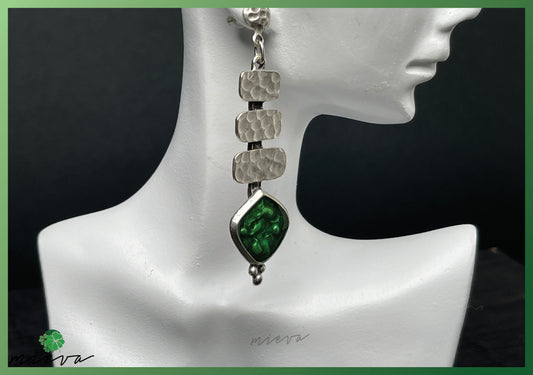 Cascade Elegance Collection - Textured Silver Drop Earrings - Emerald Essence