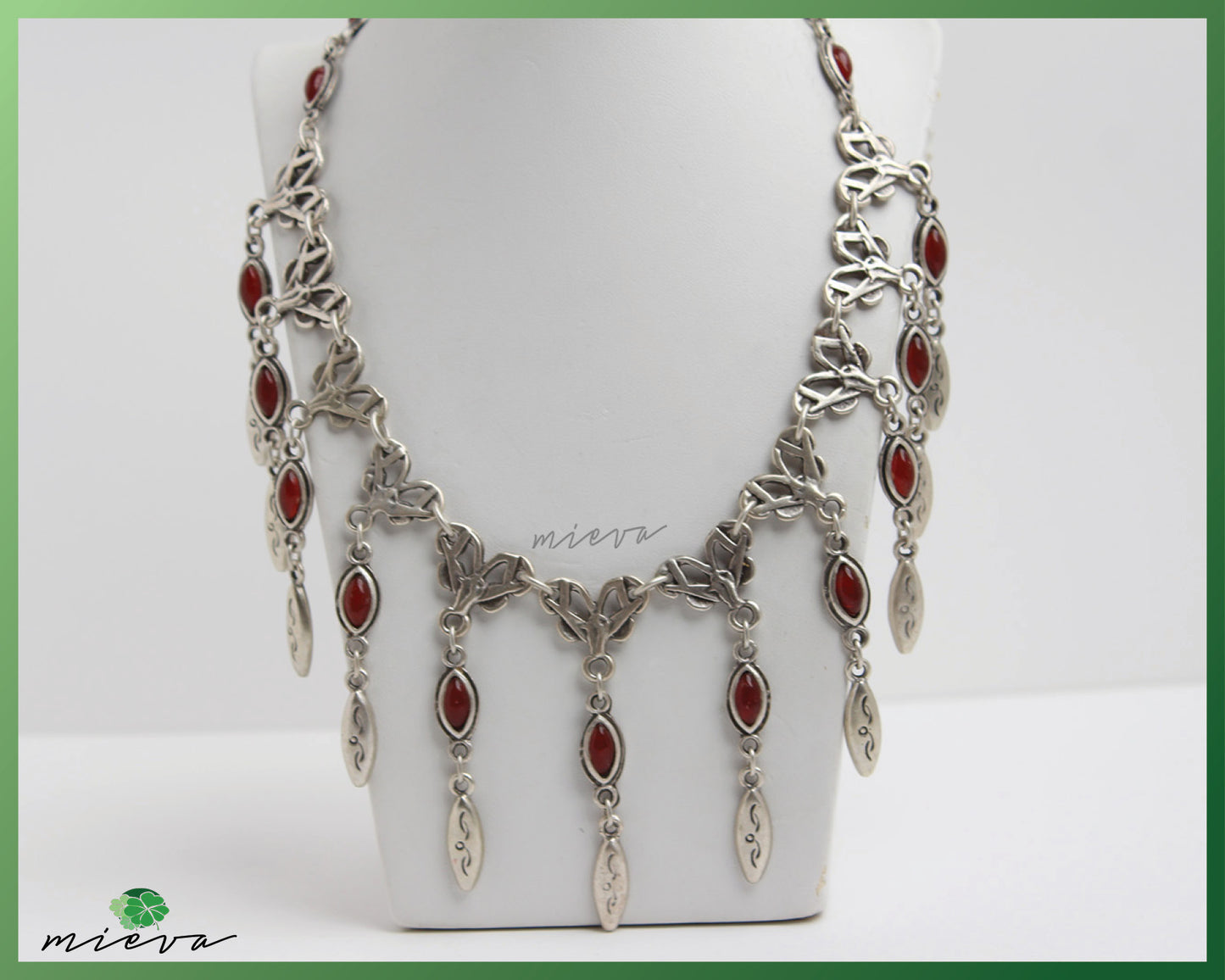 Artisanal Ruby Red Leaf Charm Silver Necklace