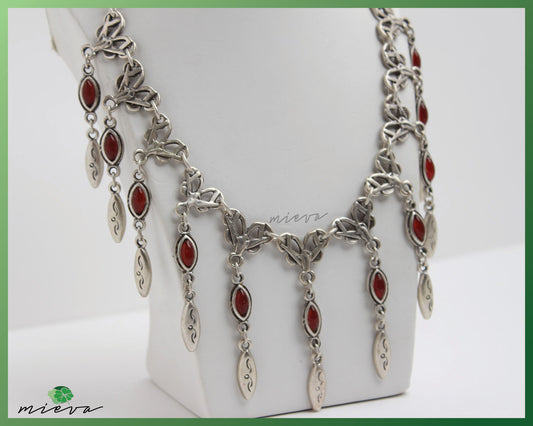 Artisanal Ruby Red Leaf Charm Silver Necklace