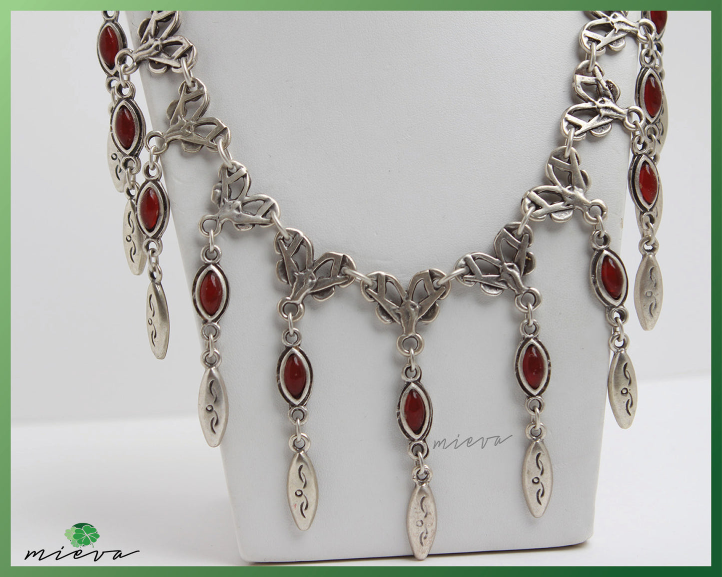 Artisanal Ruby Red Leaf Charm Silver Necklace