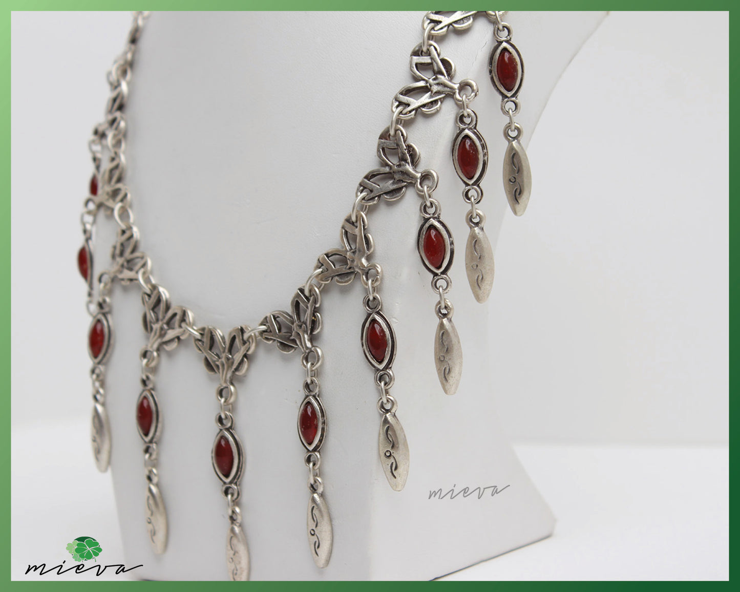 Artisanal Ruby Red Leaf Charm Silver Necklace