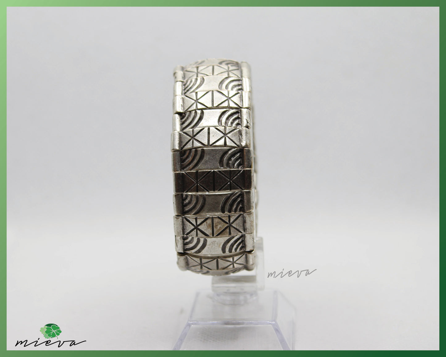 Geometric Engraved Silver Bangle with Contrast Inlay