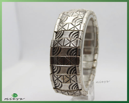 Geometric Engraved Silver Bangle with Contrast Inlay