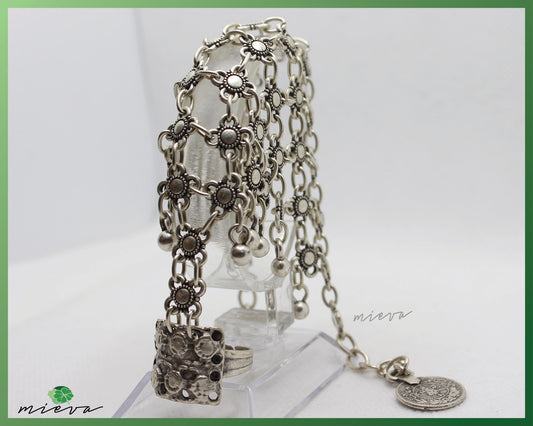 Bohemian Silver Charm Cascade Bracelet with Floral Accents