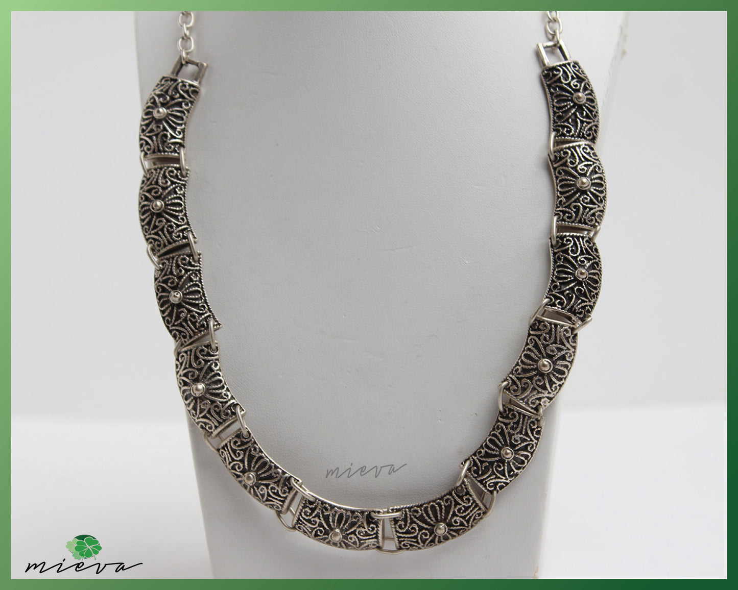 Antique Style Carved Floral Silver Necklace