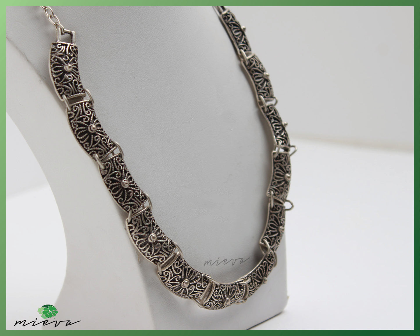 Antique Style Carved Floral Silver Necklace