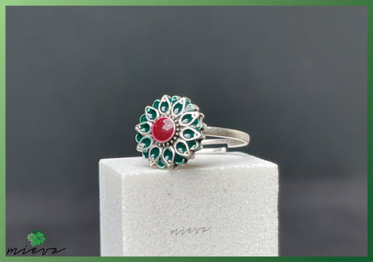 Floral Enamel Elegance Ring - Ruby Centerpiece