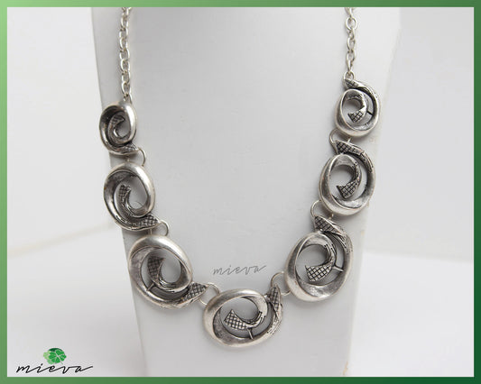 Modernist Mesh and Swirl Silver Link Necklace