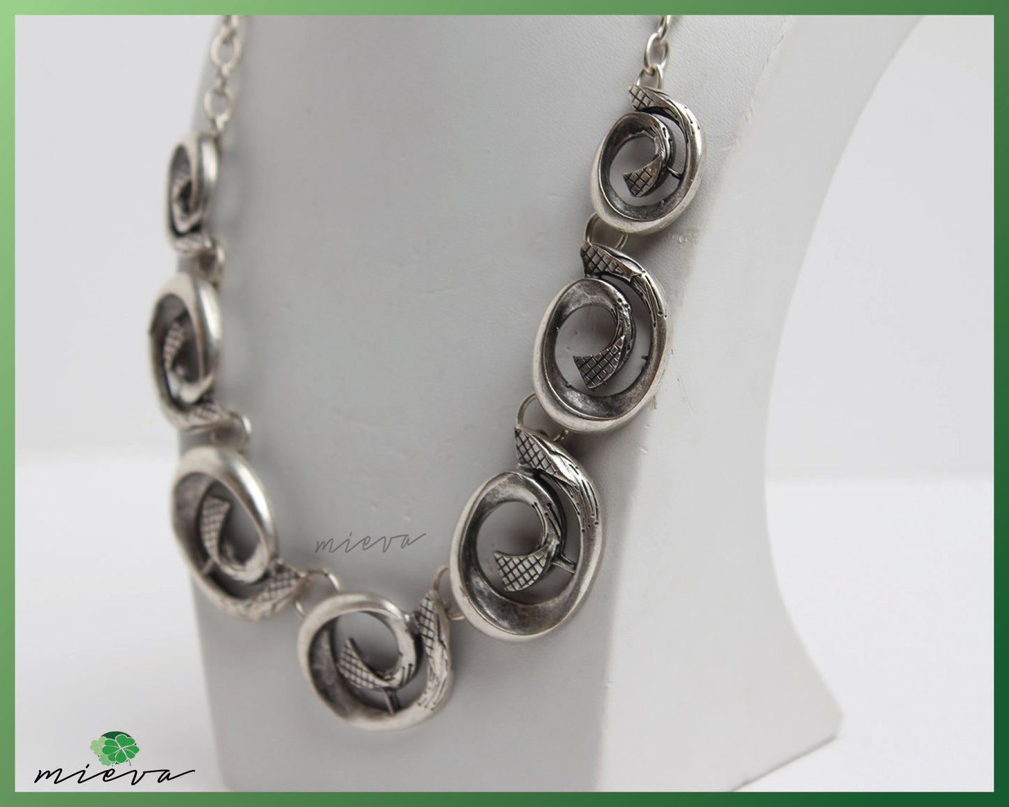 Modernist Mesh and Swirl Silver Link Necklace