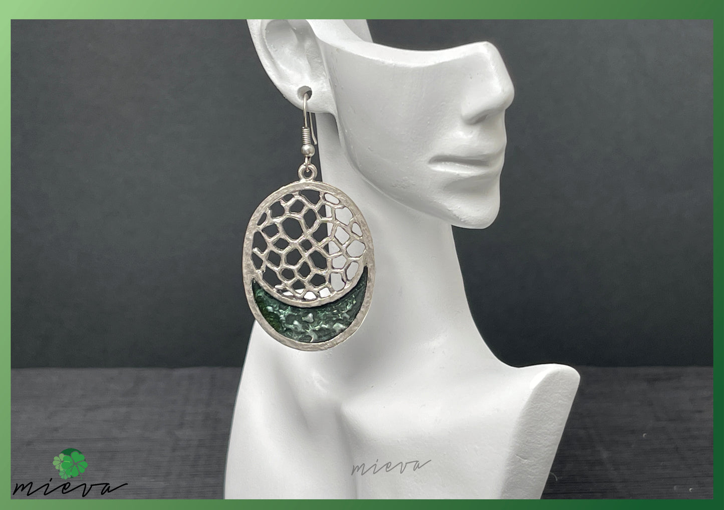 Nature's Contour Collection - Abstract Silver Oval Earrings - Emerald Mystique