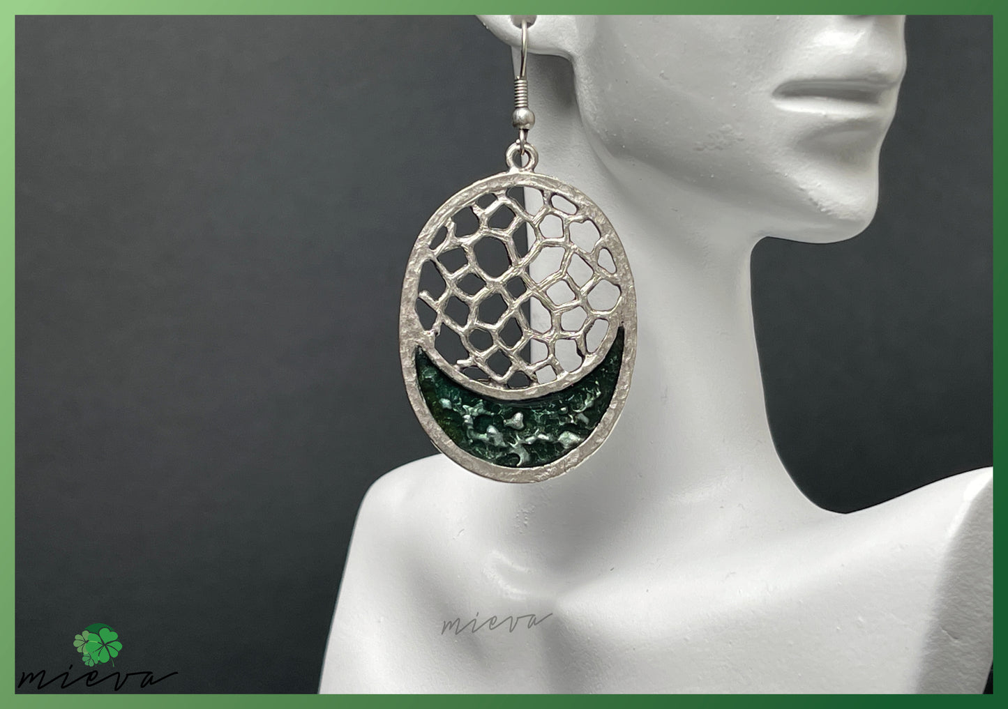 Nature's Contour Collection - Abstract Silver Oval Earrings - Emerald Mystique