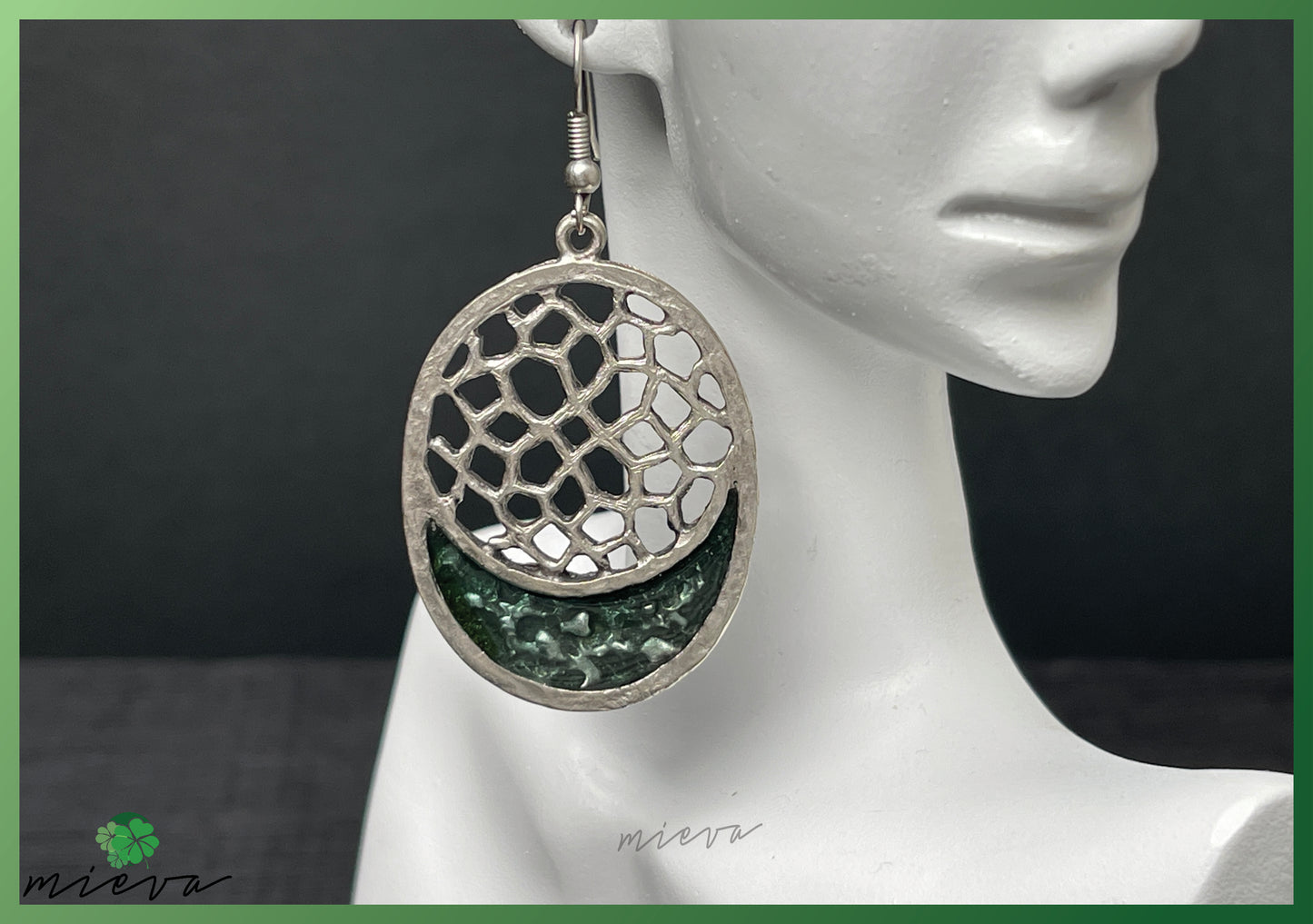 Nature's Contour Collection - Abstract Silver Oval Earrings - Emerald Mystique