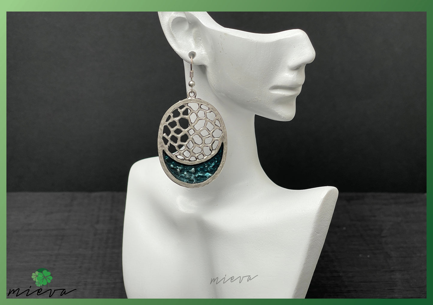 Nature's Contour Collection - Abstract Silver Oval Earrings - Lagoon Depths