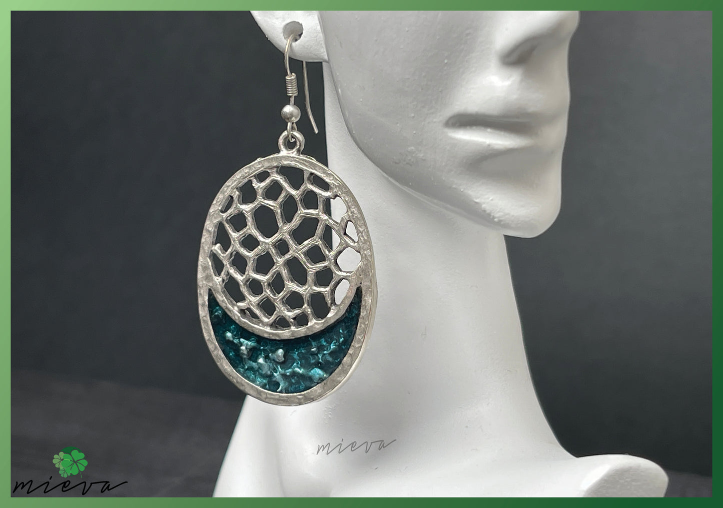 Nature's Contour Collection - Abstract Silver Oval Earrings - Lagoon Depths