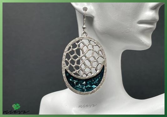 Nature's Contour Collection - Abstract Silver Oval Earrings - Lagoon Depths