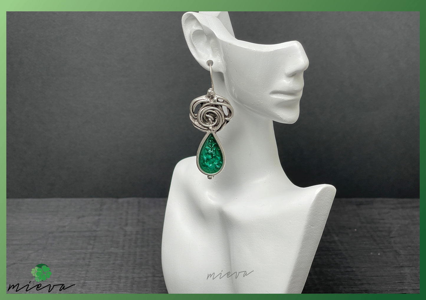 Whirlwind Elegance Collection - Spiraled Silver Drop Earrings - Emerald