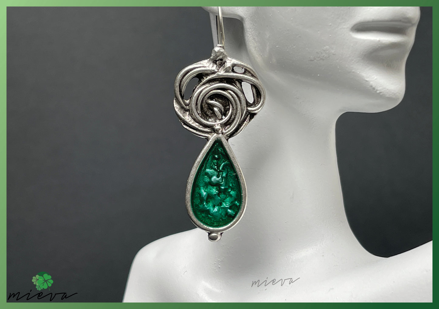 Whirlwind Elegance Collection - Spiraled Silver Drop Earrings - Emerald