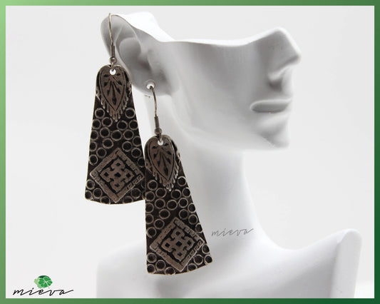 Tribal Geometric Patterned Silver Drop Earrings