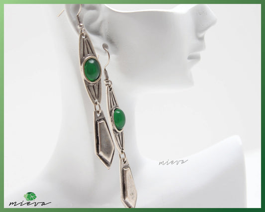 Vintage Allure Silver Earrings with Green Gemstone Accent