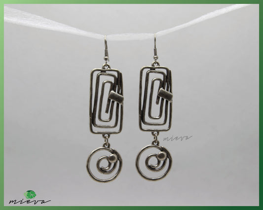 Abstract Geometric Silver Earrings with Spiral Charm