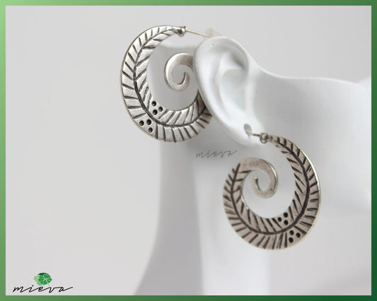 Engraved Spiral Leaf Motif Hoop Earrings