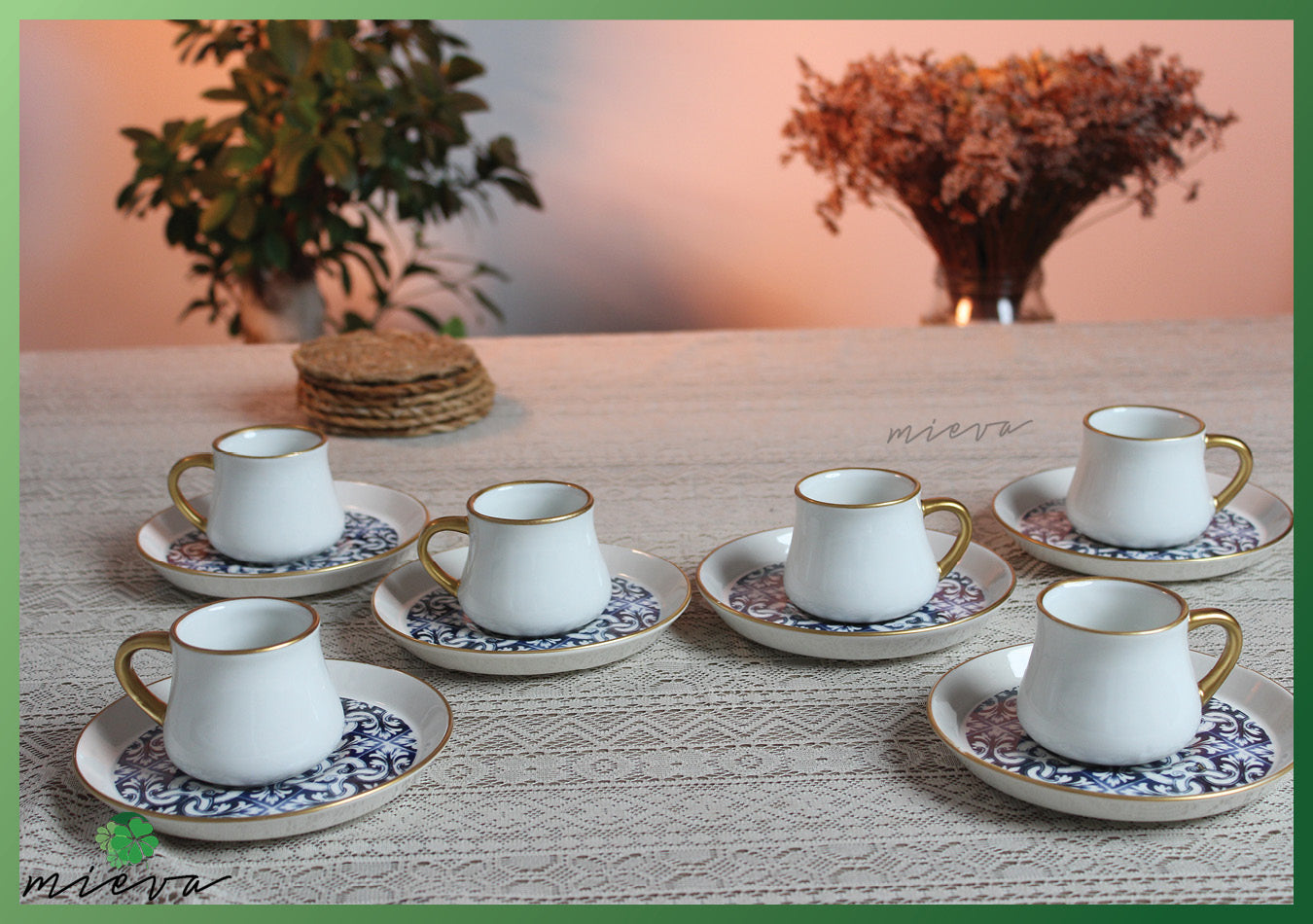 Elegant Porcelain Coffee Cup Set of 6 - Intricate Floral Elegance