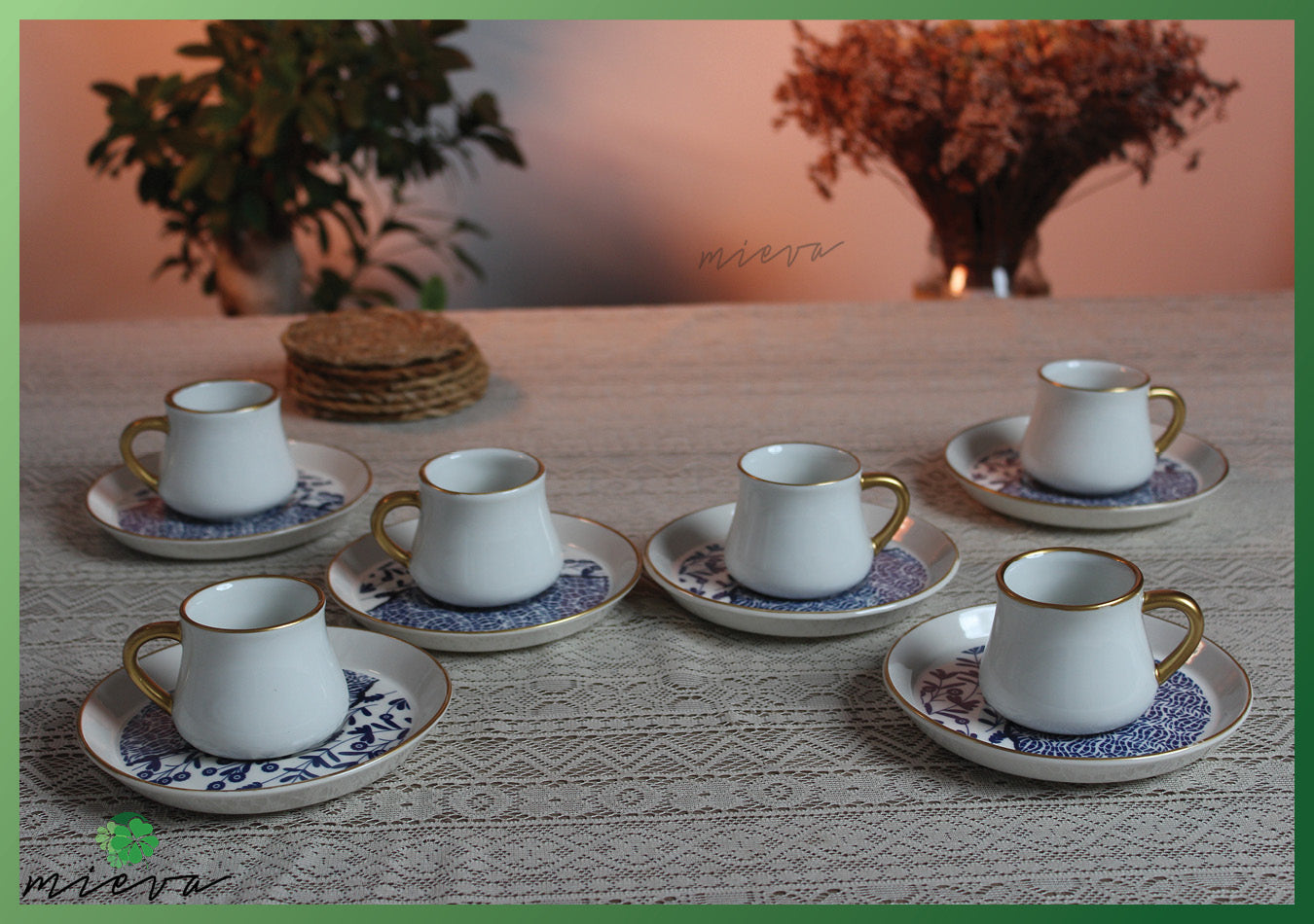 Elegant Porcelain Coffee Cup Set of 6-Classic Blue Botanicals