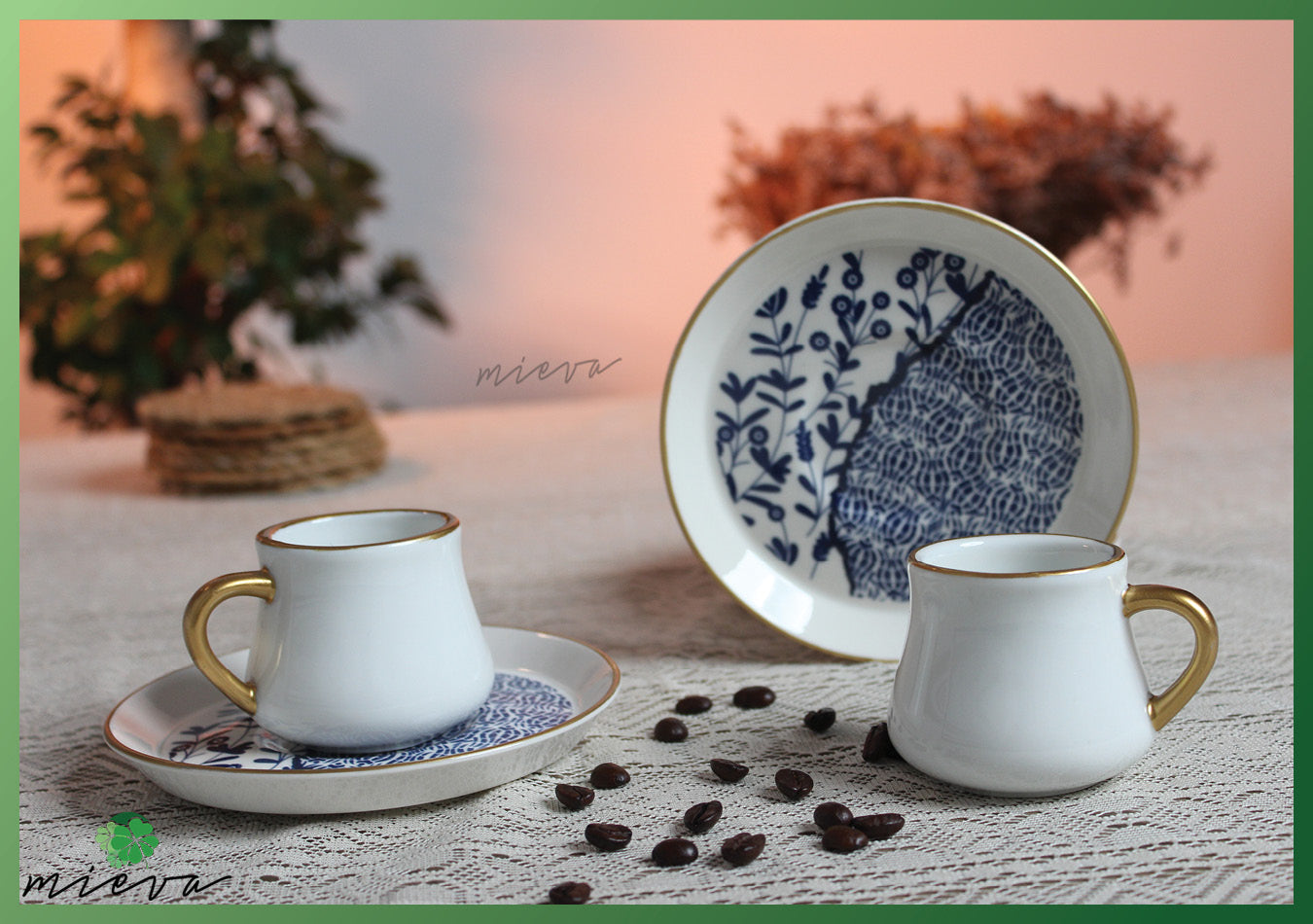 Elegant Porcelain Coffee Cup Set of 6-Classic Blue Botanicals