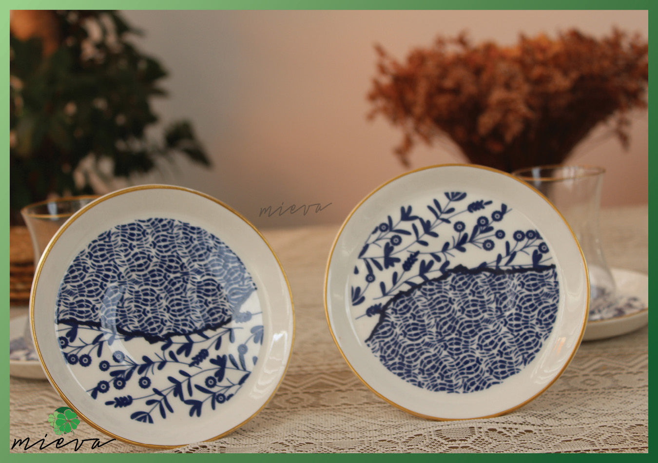 Elegant Porcelain Tea Cup Set of 6 - Classic Blue Botanicals