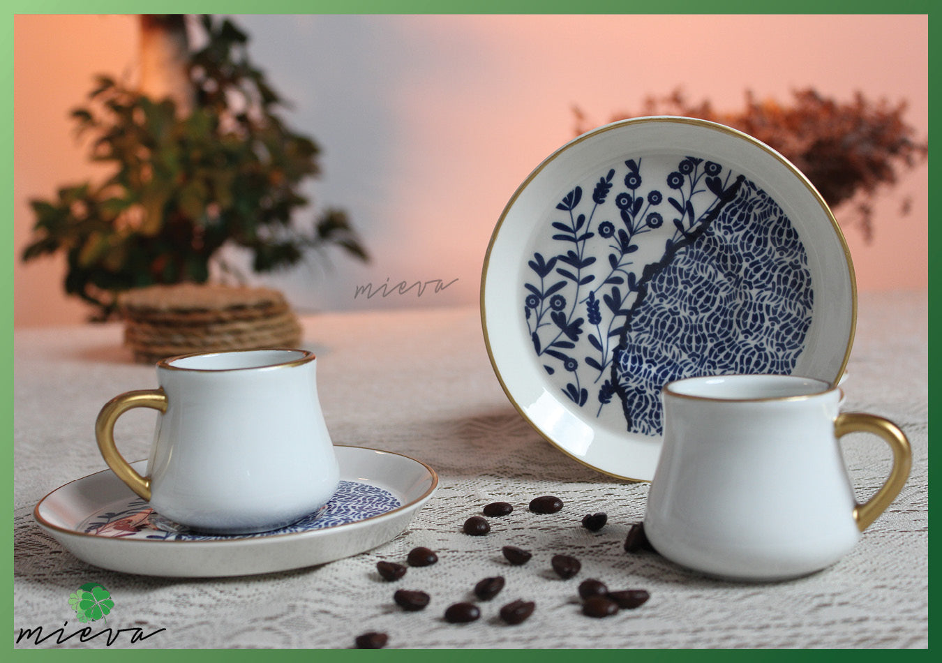 Elegant Porcelain Coffee Cup Set of 6-Classic Blue Botanicals